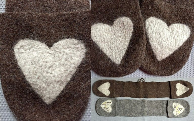 Handfelted Double Oven Mitts in Natural Grey and Brown 