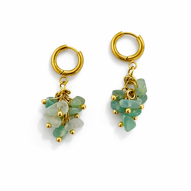 Argollas mini acero dorado racimo piedras verdes 