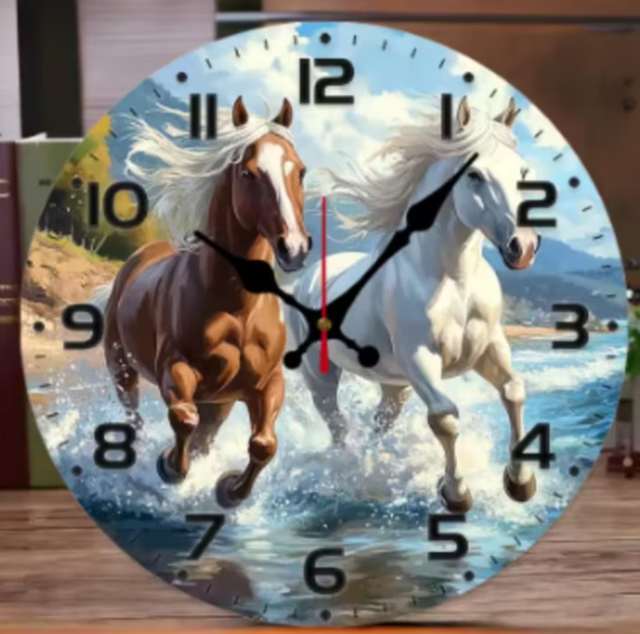 Ronde wandklok van hout analoge 2 paarden (25cm)