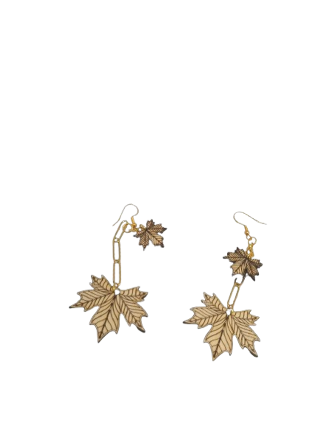  boucle d oreilles feuille de chêne+ chaine acier or/argent