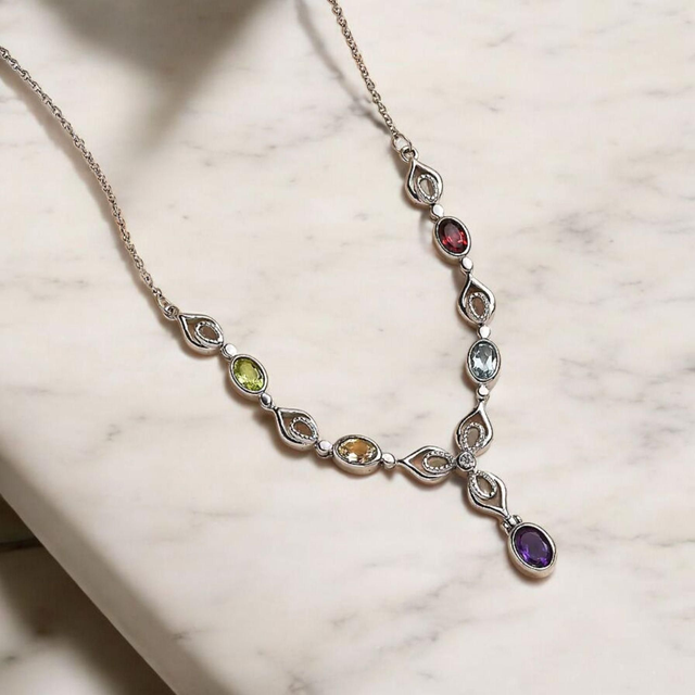 Multicoloured Natural Gemstones Platinum Plated Necklace.