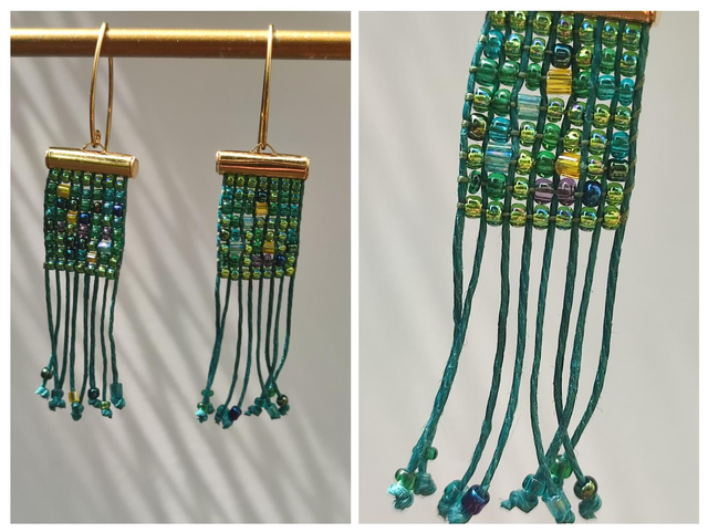 Boucles d'oreilles "bohème" tissées main perles de verre miyuki ( jaune,vert, bleu) sur fil de lin turquoise, pièce unique, acier inoxydable doré -sans nickel 