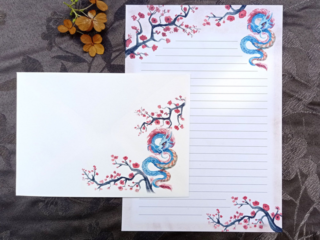 Papier à lettres et enveloppes – Dragon japonais & cerisiers en fleur
