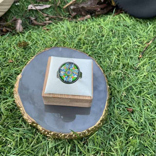 Adjustable glass dome ring. Colourful design. Handmade.