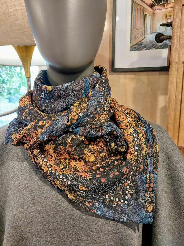 ALALIA ocre-blue. Foulard carré 90cm doublé et réversible.