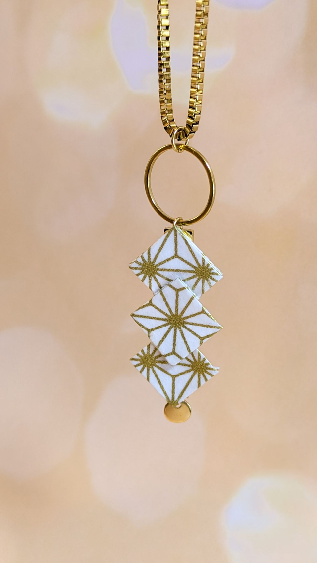 Zigzae - Sautoir origami et acier inoxydable doré - Blanc étoile doré