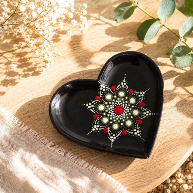 Coupelle kaki vide-poche – Mandala rouge &amp; vert peinte à la main - Coupelle à bijoux en dot painting - Décoration de table zen unique