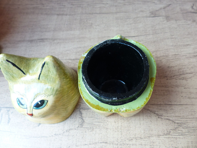 Petite boite à bijoux zoomorphe chat laqué peint à la main Vintage, Cat lover gift, Collection chat décoration Intérieure artisanat