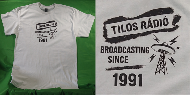 Mens T-Shirt - White - Size 'L' - UFO Broadcast Tilos Radio Inspired Design - Tilos Maraton Glasgow 2025 Edition - All Profit goes to www.tilos.hu 