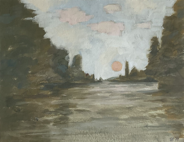 SP73  River Wye,  Red Sun by Shelagh Popham,  14x10cm  Oil