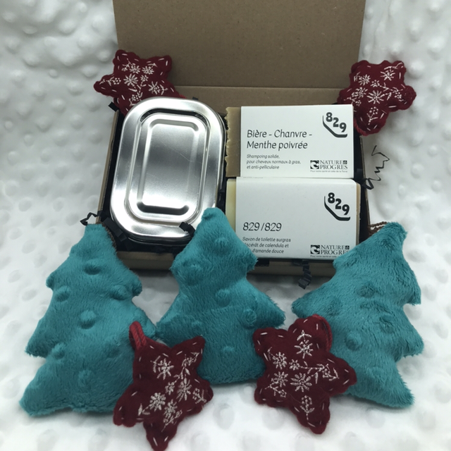 Coffret 1 savon de toilette + 1 shampoing + 1 boîte à savon en inox