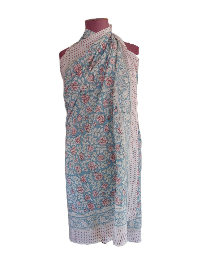 Paréo de plage en coton voile indien imprimé à la main – Motif floral bleu et rose – Étole &amp; châle bohème  