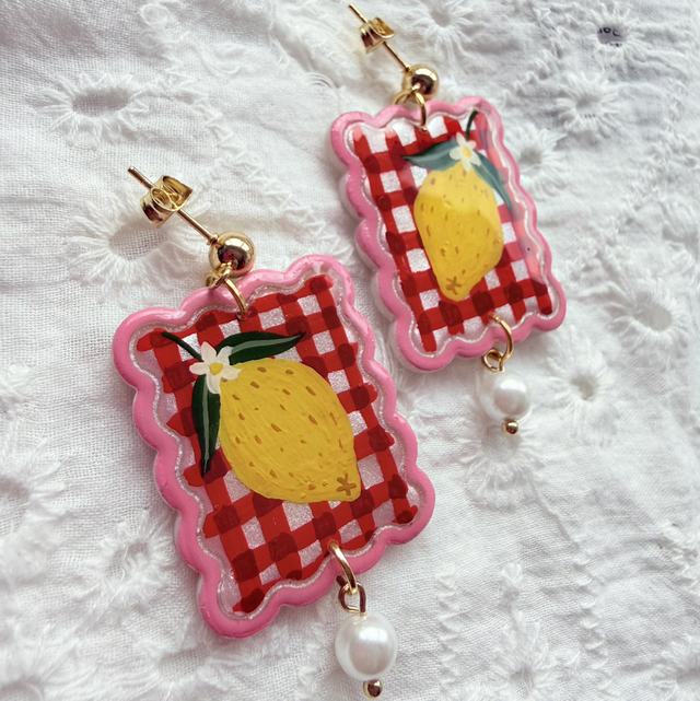 Red Gingham Lemon Pearl Drop Earrings