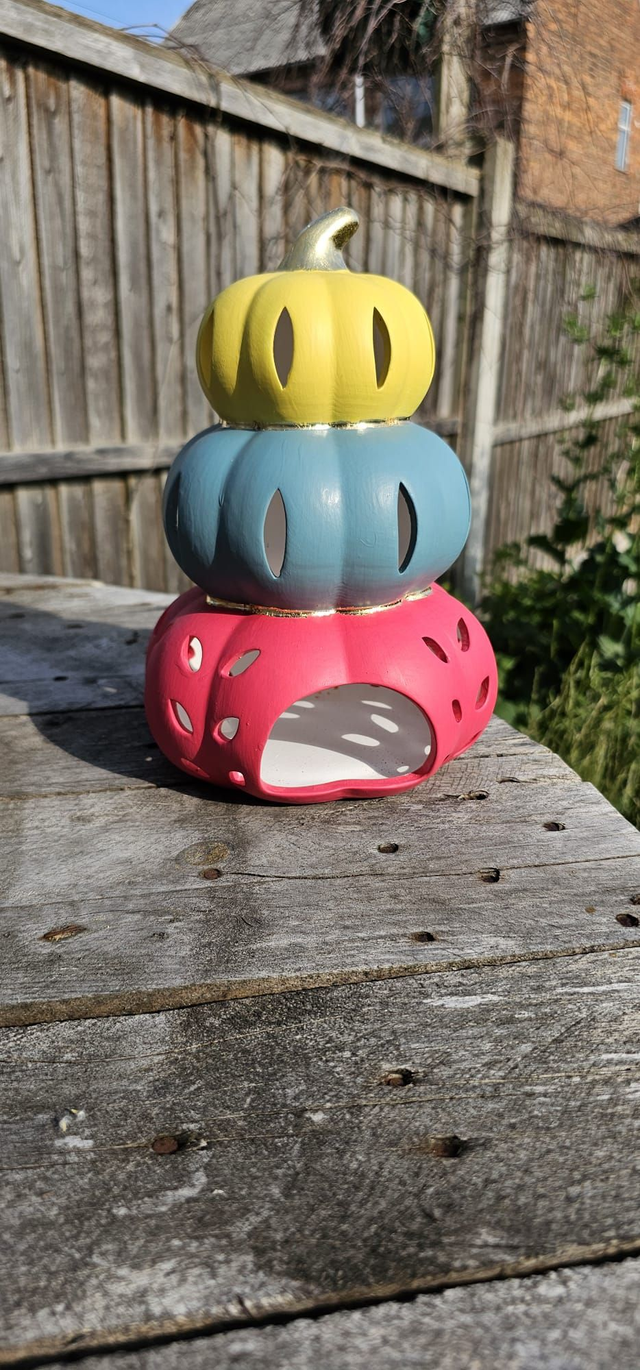 Pink, Blue &amp; Yellow Ceramic Pumpkin Lantern