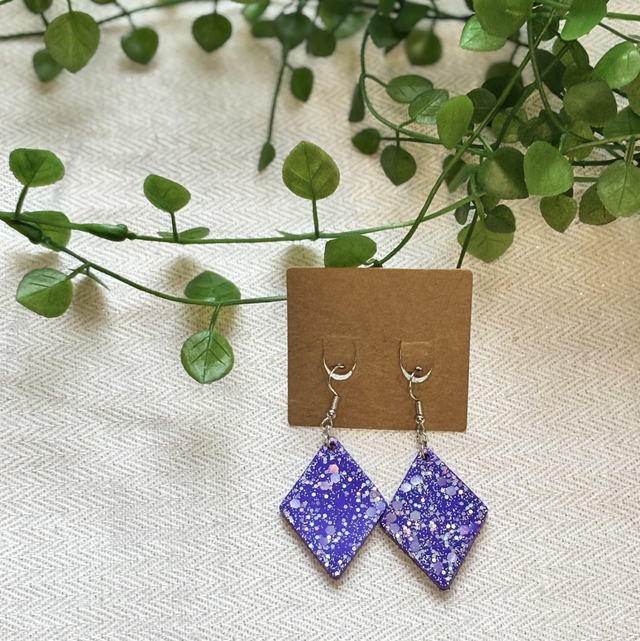 Boucles d’oreilles résine violettes et argentées  