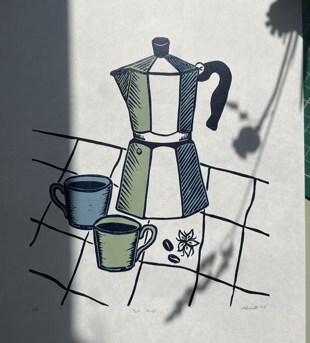 But First… Two Layer Lino Print, Blue and Green on HoSho paper 