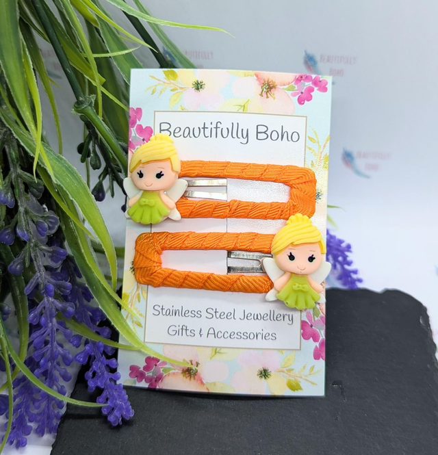 Orange Ribboned Tink Snap Hair Clips 