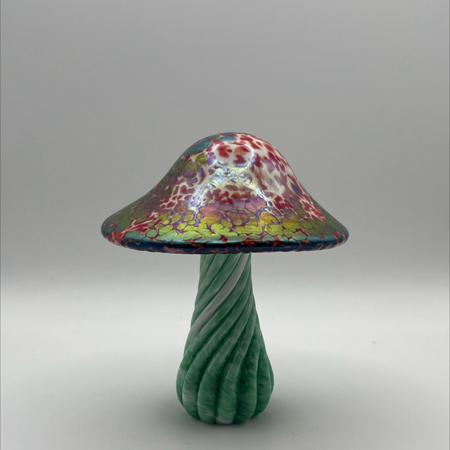 Okra Glass Mushroom Sculpture, Iridescent Crackle Cap – 2004