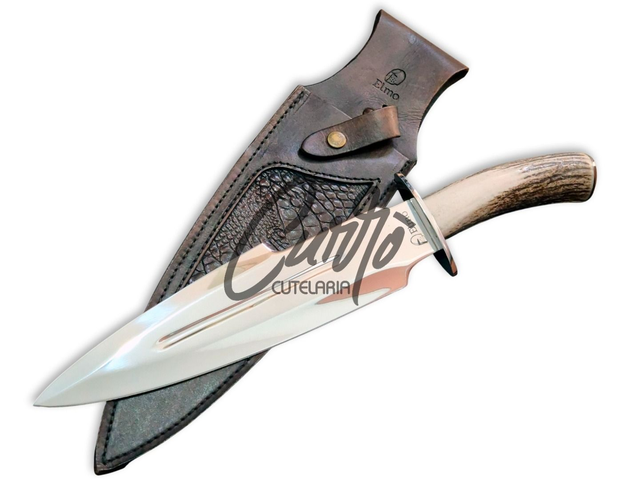 Faca de Caça Elmo 11 Polegadas Cabo em Chifre de Cervo e Bainha em Couro Legítimo