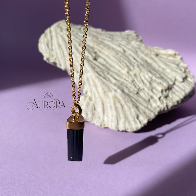 Schwarzer Turmalin • Schörl Kette 925 Silber vergoldet I Unikat