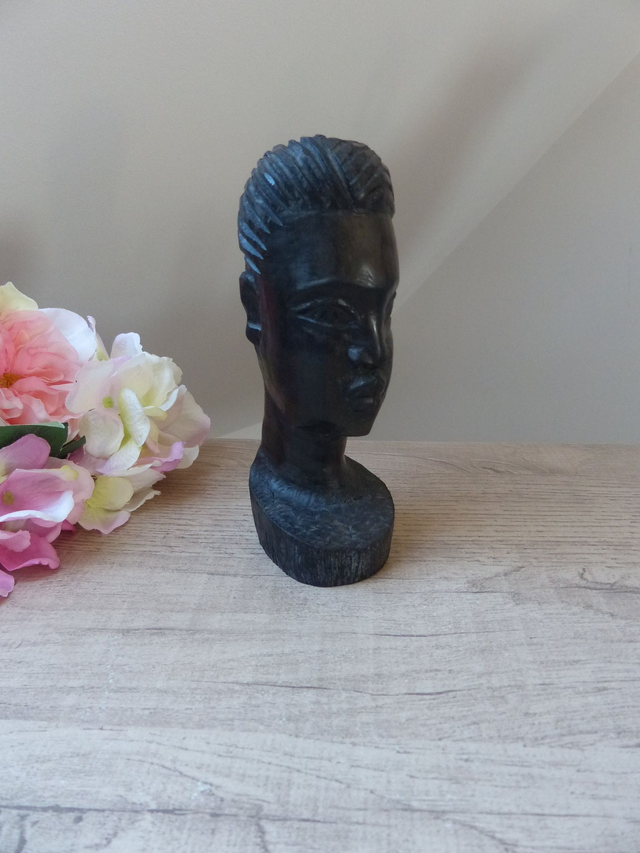 Buste sculpture africaine en bois brut fait main vintage décoration voyage souvenir artisanat afrique, Idée ambiance intérieur Africaine