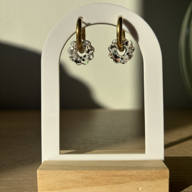 Pampilles fleurs paillettes noires et blanches