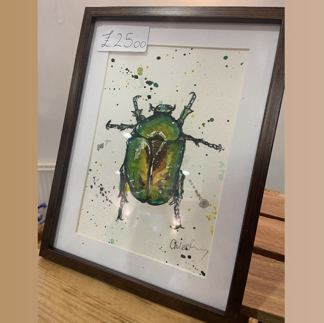 Original ‘Benson’ the Beetle 5 x 7 painting in dark wood frame 