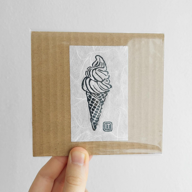 Small Ice Cream Linocut Print - Handprinted IceCream Illustration