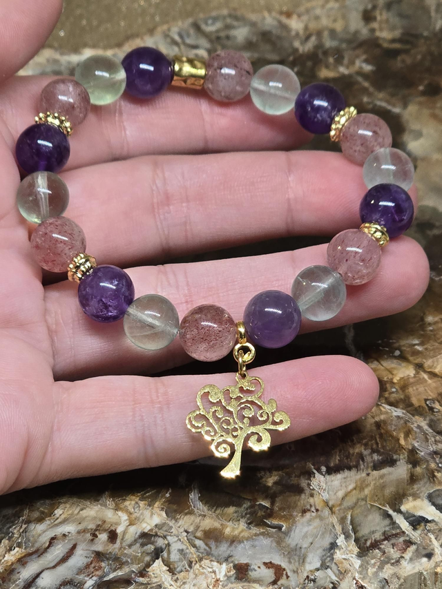 Bracelet Quartz fraise, Fluorite, Améthyste en 1 cm 