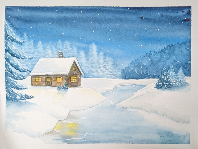 Tableau aquarelle Paysage et maison enneigée