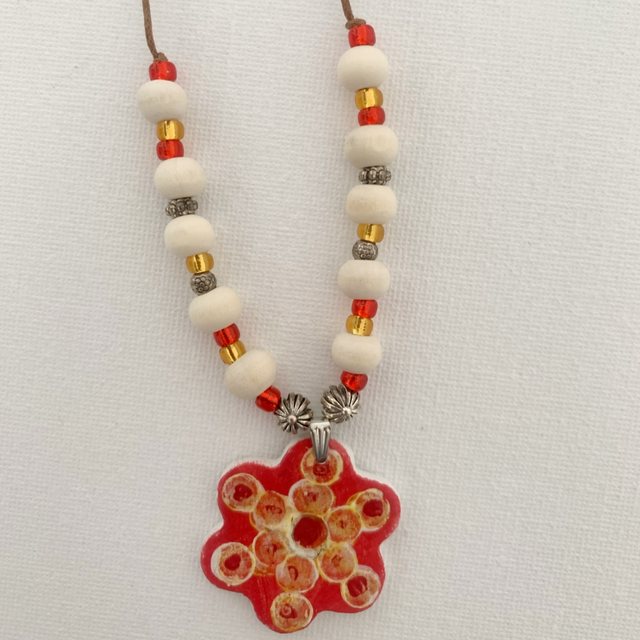 Hand Made Hand Painted Air Dry Clay And Beaded Flower Pendant