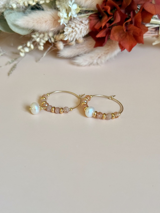 Créoles Heliolite (pierre du soleil), Perles Philippines, Collection "Envoûtante"