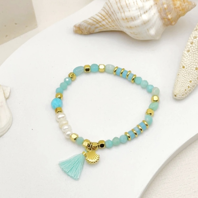 Bracelet pompon coquillage bleu 