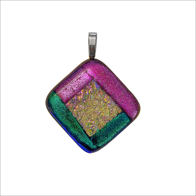 Pendant in pink,emerald green and rainbow silver dichroic glass (Ref P29)