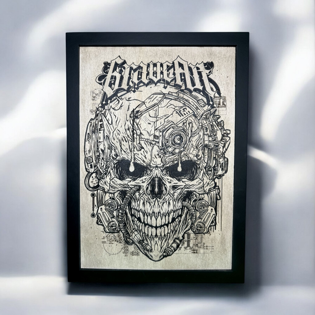 Tableau Gravure en Bois Tête de Mort Cyberpunk