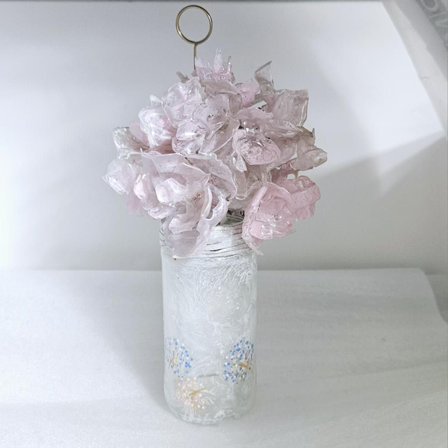 Happy Gift Idea | Card Stand Holder With Lovely Recycled Plastic Flowers & Handpainted Tiny Glass Vase