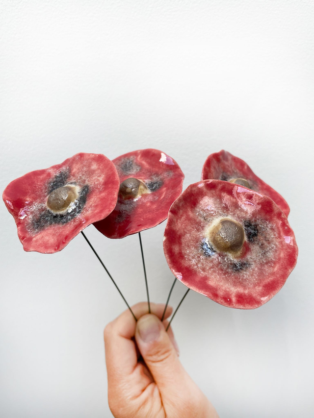 Coquelicots émail rouge moucheté et effet violet - Dessous rouge moucheté (lot de 4)