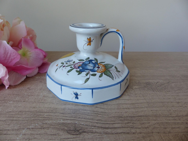 Bougeoir en faïence d'art de Malicorne signé Emile Tessier, Porte bougie peint main décoration floral pour la maison, décoration française