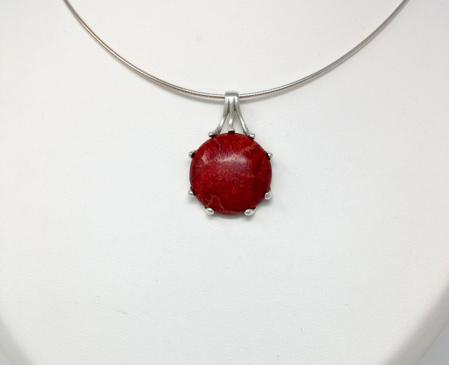 PENDENTIF CABOCHON DE CORAIL CERTI DE 9 GRIFFES EN ARGENT MASSIF - VENDU SANS CHAINE - 34100