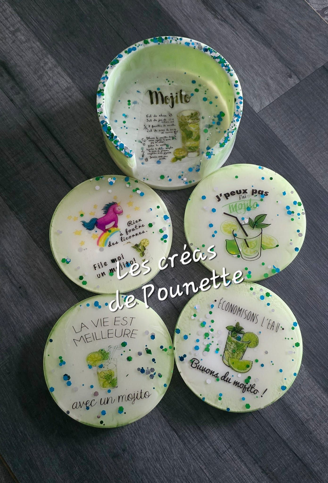 Lot de 4 dessous de verre "Mojito" et leur support