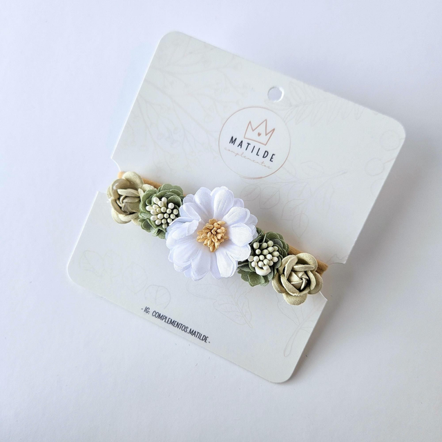 Cintillo Bebe - Verde - Flor Central Blanca