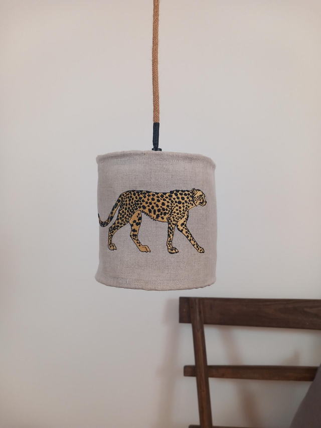Abat-jour en lin brodé Guépard, suspension baladeuse diamètre 15 cm