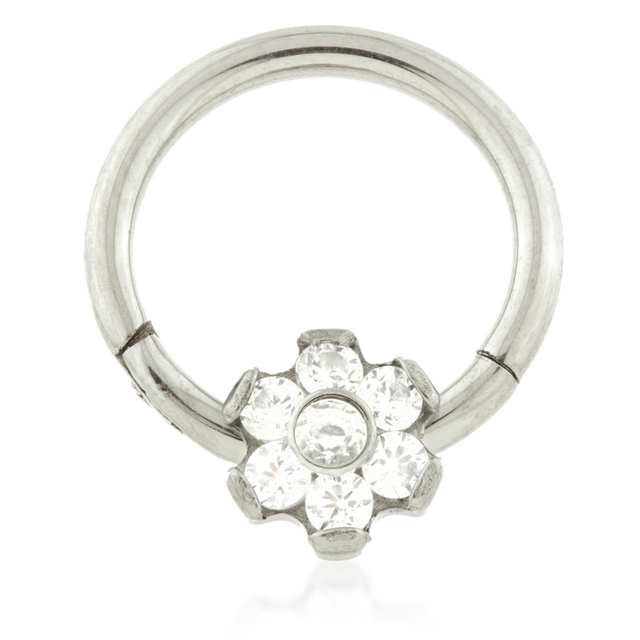 Titanium Flower Gem Hinged Daith Ring