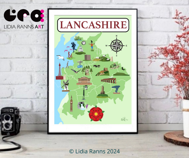 Lancashire Map With Landmark Illustrations - Giclée Print 