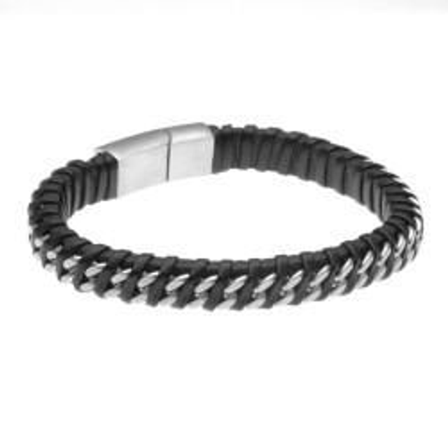 Bracciale uomo in pelle nera con inserto catena acciaio 