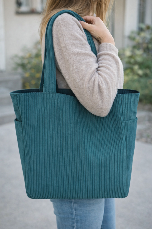 Sac cabas velours côtelé bleu canard