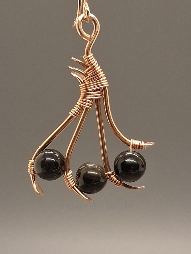 Artisanal Bronze Wire Weave Earrings featuring Silver Sheen Obsidian Beads and Hand-Forged Wires
