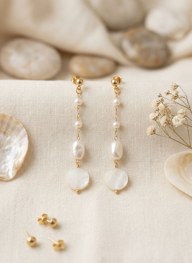 Boucles d'Oreilles Pendantes "Éclat de Nacre" – Dorées &amp; Perles Blanches