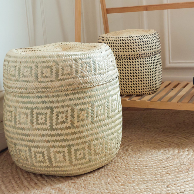 Grand panier de rangement XXL avec couvercle – Fait main au Mexique – motifs vert olive