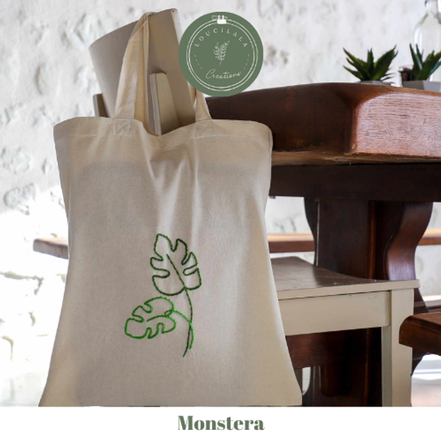 Tote bag brodé main - la Monstera